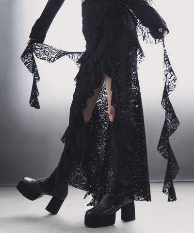 【 裏地付 】アシンメトリーフリルレーススリットロングスカート / asymmetry frill lace slit long skirt
