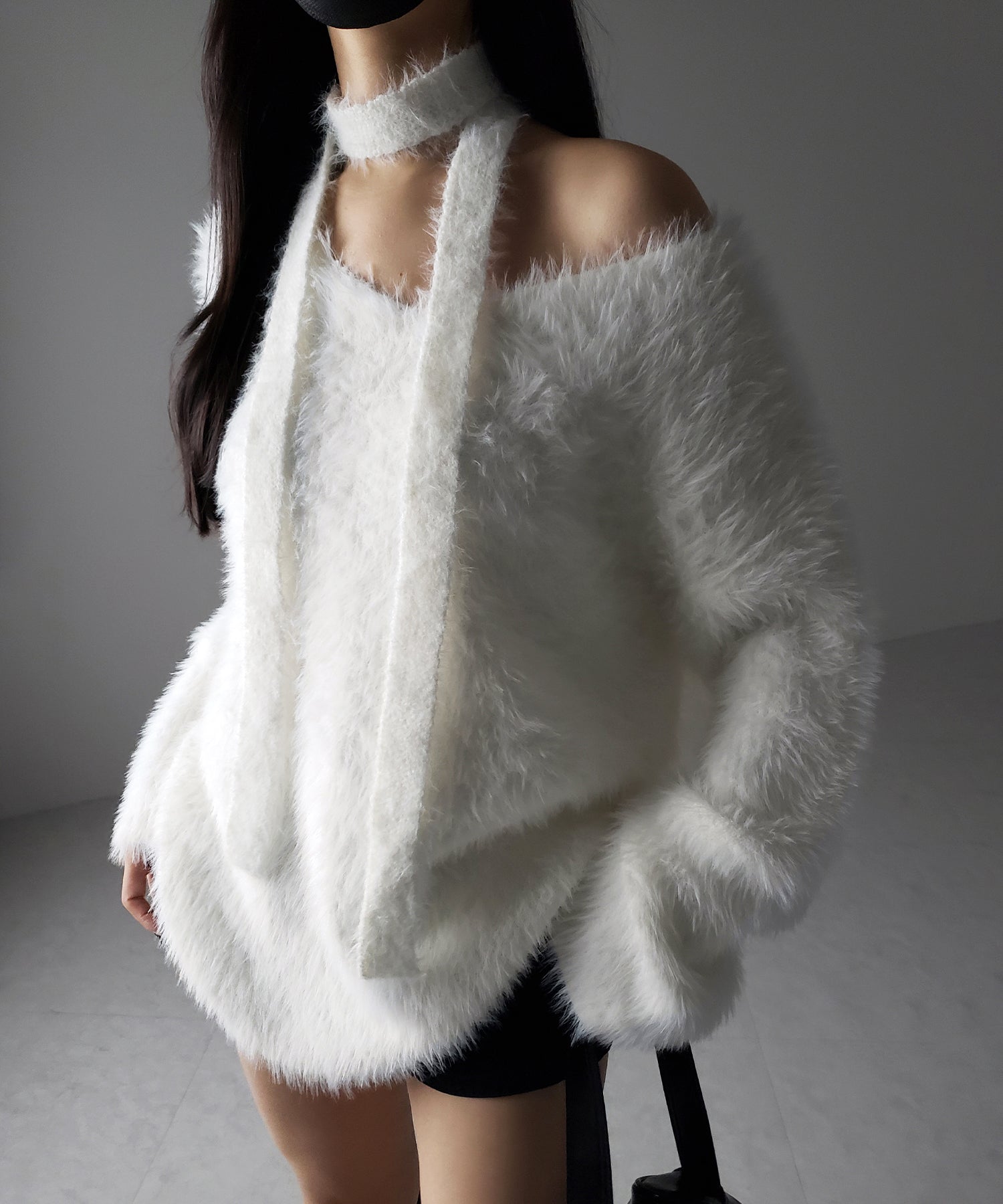 チョーカータイ付きルーズシャギーニット / choker tie set loose shaggy knit