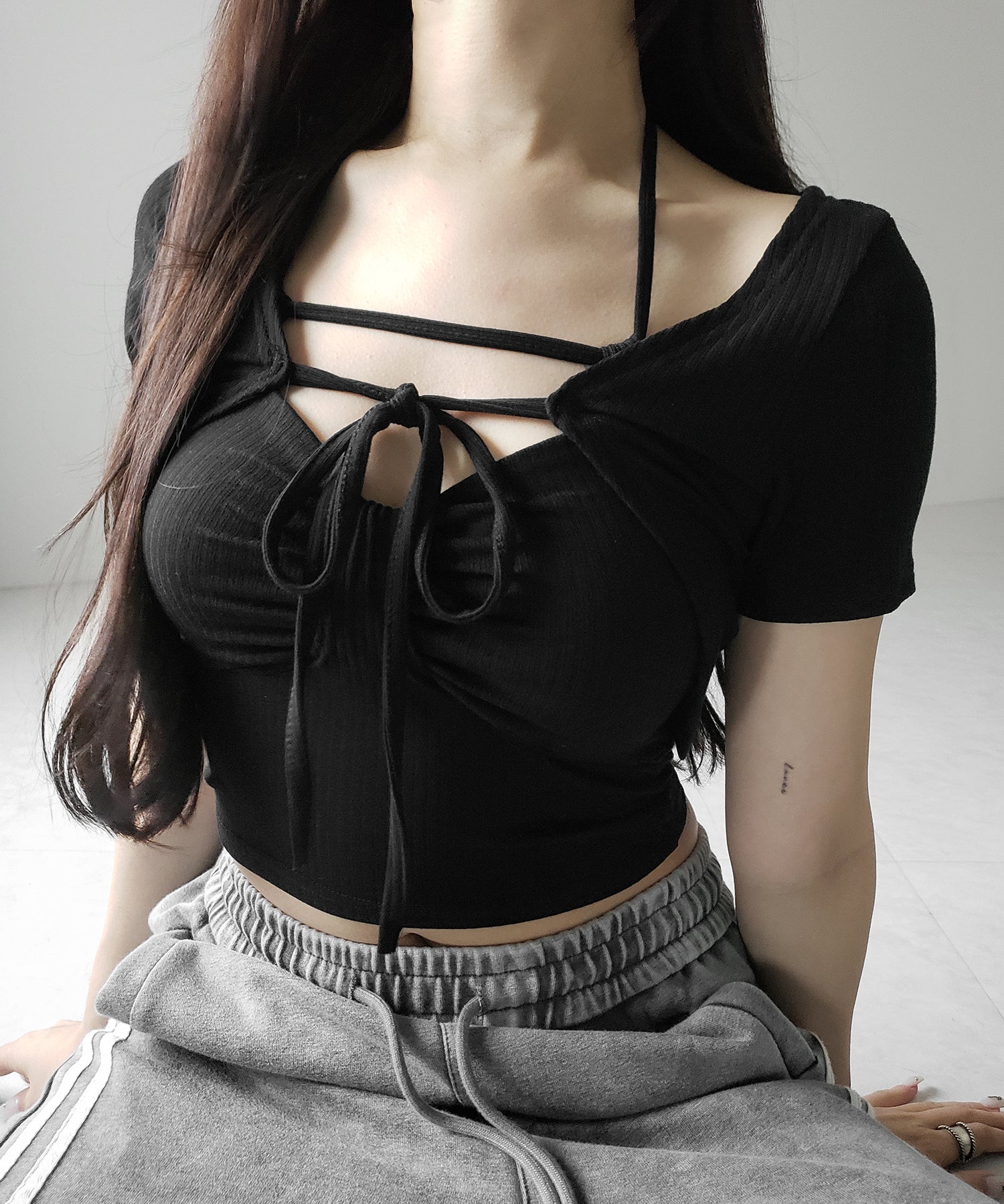 【 2点セット 】 2WAYストラップリブキャミソール + フロントリボンショートカーディガン SET / 2WAY strap lib camisole + front ribbon short cardigan