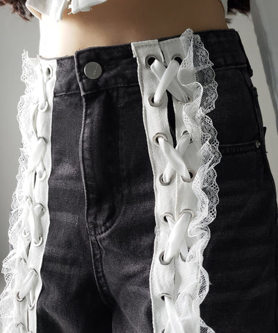 サテンリボンレースアップワイドデニムパンツ / satin ribbon lace up wide denim pants