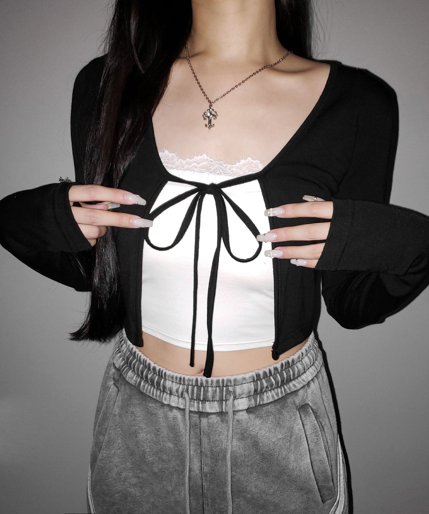 【 2color 】フロントリボンカットソーショートカーディガン / front ribbon cutsew short cardigan