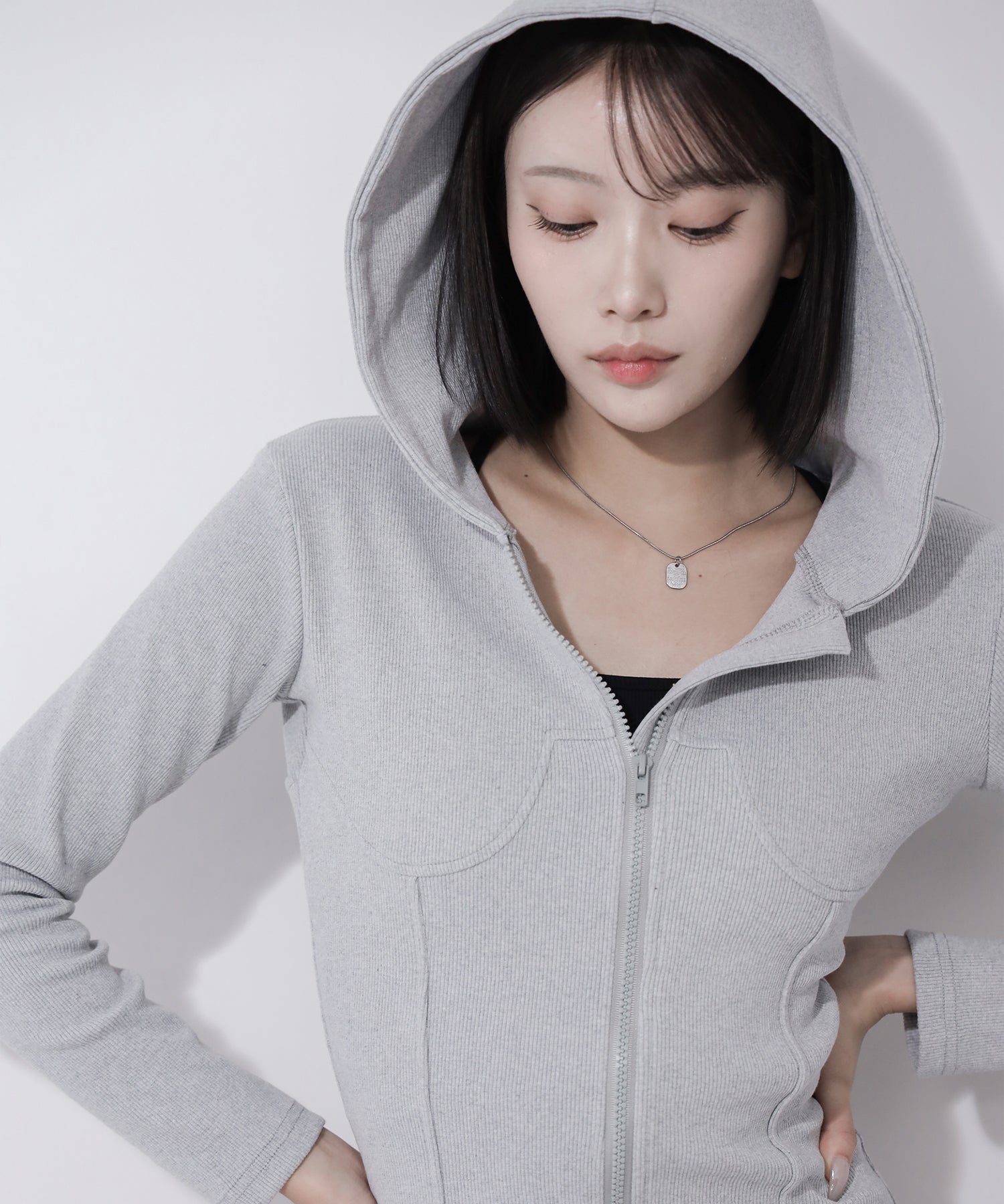 フーディジップアップスリムラインミニワンピース / Hoodie zip up slimline mini onepiece