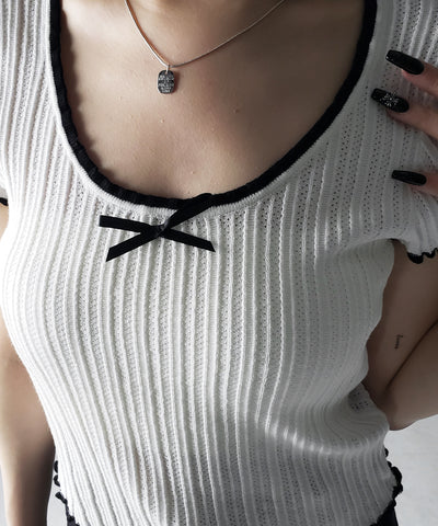 ミニリボンオープンネック半袖ニットトップス / mini ribbon open neck short sleeve knit tops