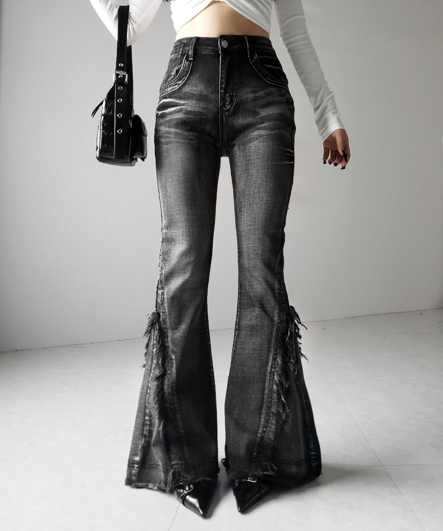【 2color / 4size 】ヴィンテージライクフリンジストレッチフレアデニム / Vintage-like fringe stretch flare denim