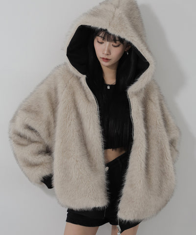 【 リバーシブル2WAY】ビッグフーディボリュームフェイクファーブルゾン / Reversible big hoodie volume fake fur blouson