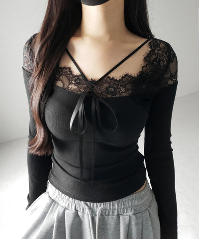 クロスストラップレース切替リブトップス / cross strap lace switching ribbed tops