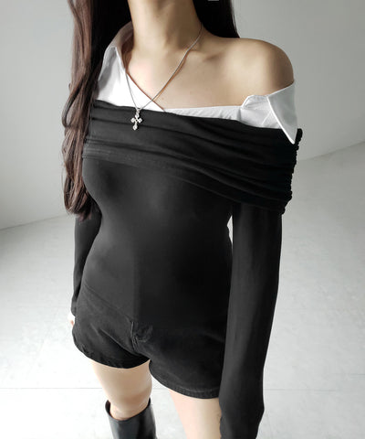 シャツドッキングワイドオフショルトップス / shirt docking wide off shoulder tops