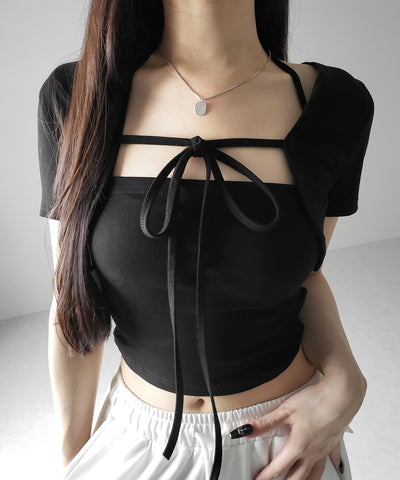 【 2点セット 】フロントリボンショートカーディガン+ ホルターキャミソール SET / front ribbon short cardigan + halter camisole SET