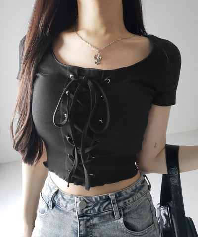 レースアップフロントリボン半袖ショートTシャツ / lace up front ribbon short sleeve short slim T-shirt