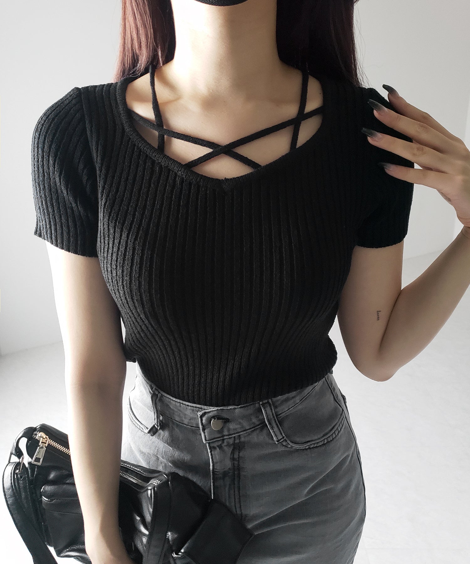 半袖クロスラインストラップデザインリブニット