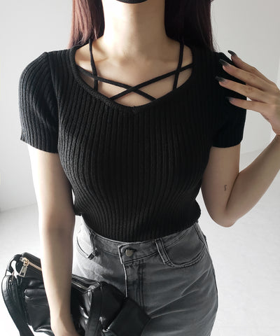 半袖クロスラインストラップデザインリブニット