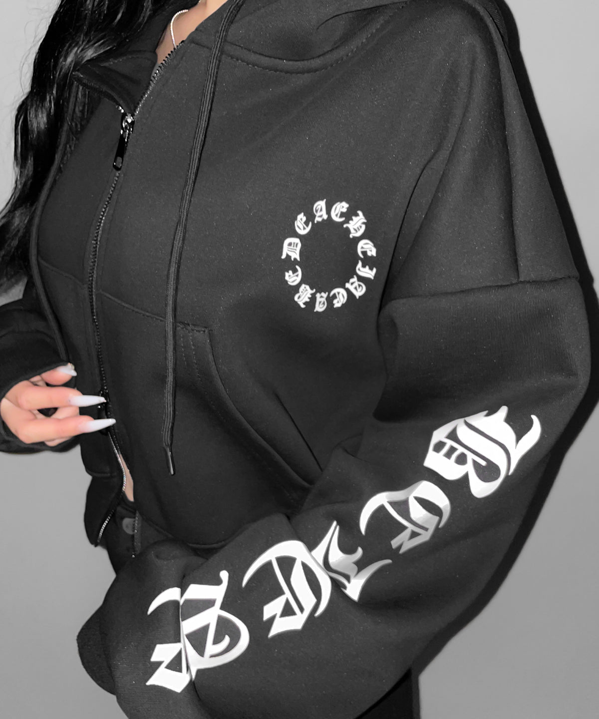 グランジロゴダブルジップショートパーカー / grunge logo double zip short hoodie