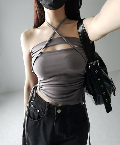 【 カップ付き / 2WAY 】クロスストラップリボンカットアウトショートキャミソール / cross strap ribbon cutout short camisole