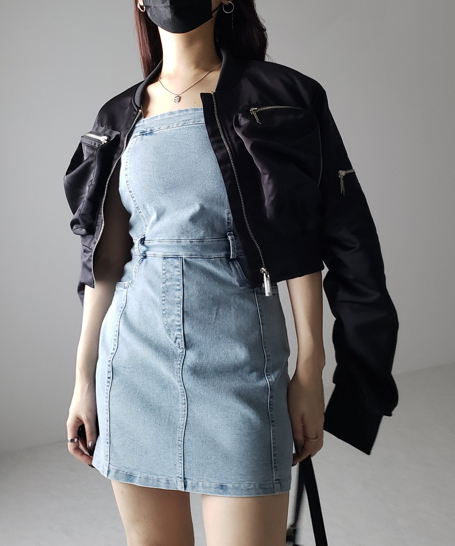 【 2color 】ウォッシュデニムハイウエストミニキャミワンピース / wash denim high waist mini cami onepiece