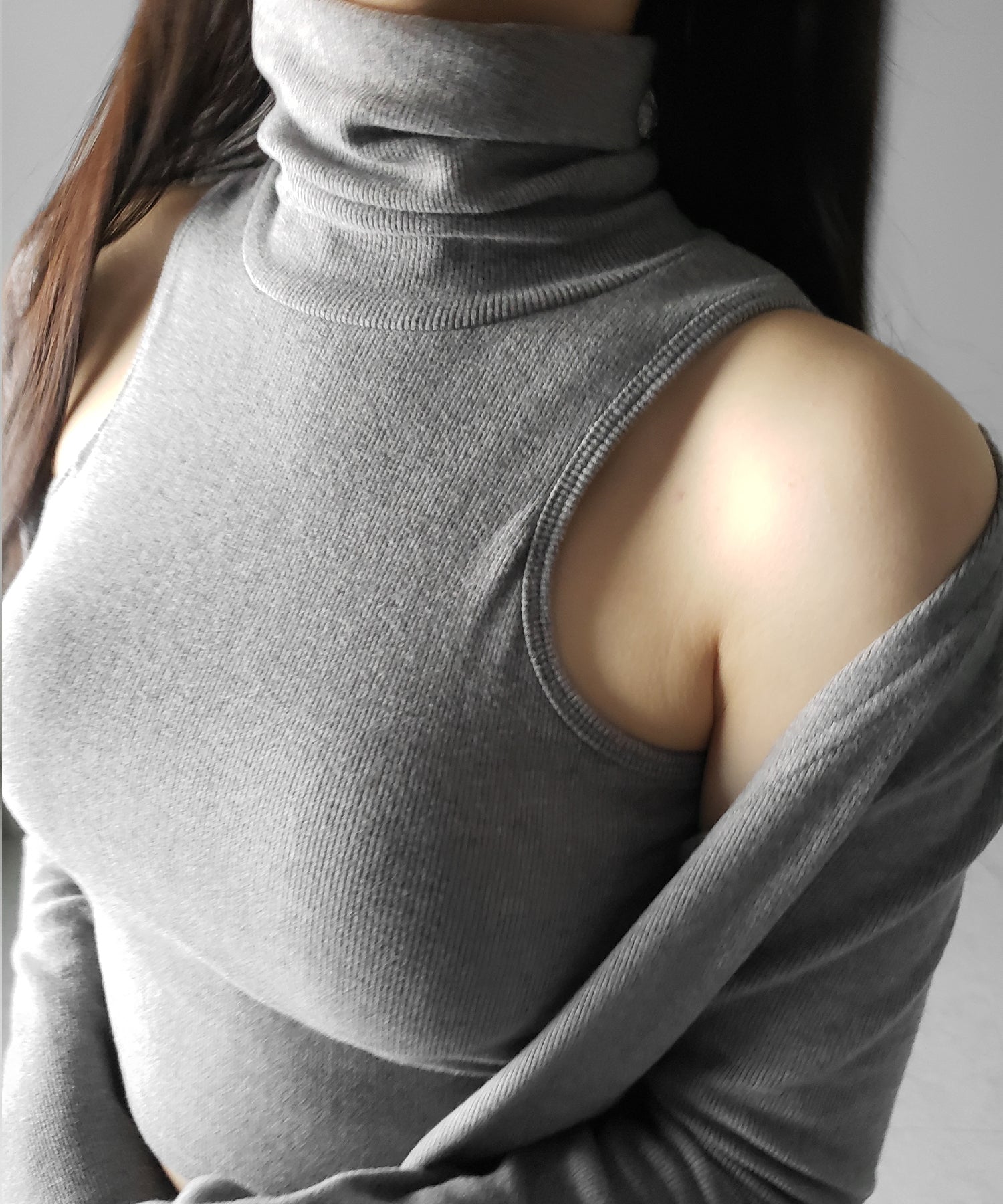 【 裏微起毛 / 2点セット 】ハイネックノースリーブトップス + ショートカーディガン SET / high neck nosleeve tops + short cardigan SET