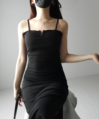 【 パッド付き 】バックストラップサイドシャーリングスリットロングキャミワンピース / back strap side shirring slit long cami onepiece