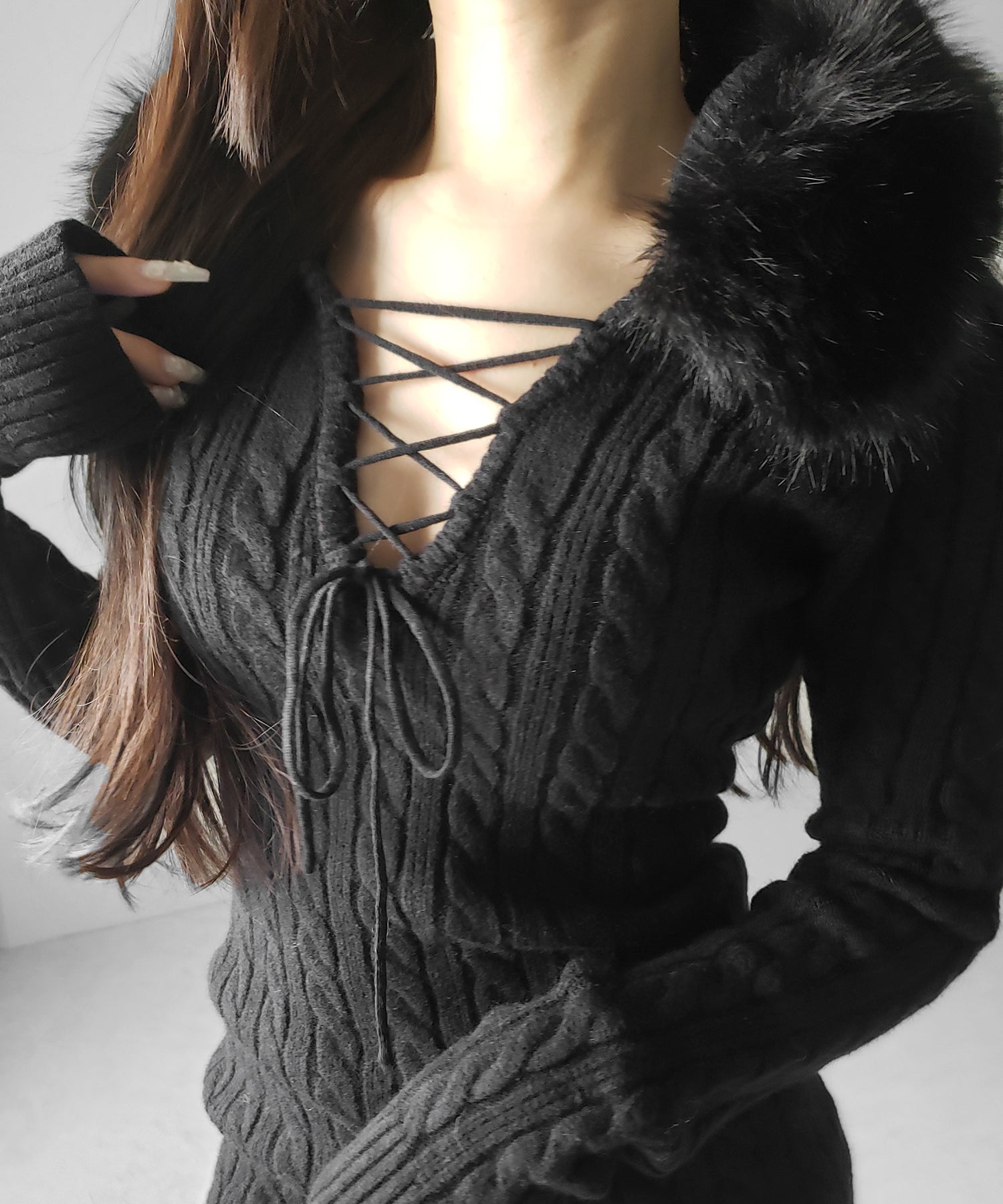 ファーフーディレースアップレディニットミニワンピース / fur hoodie lace up lady knit mini onepiece