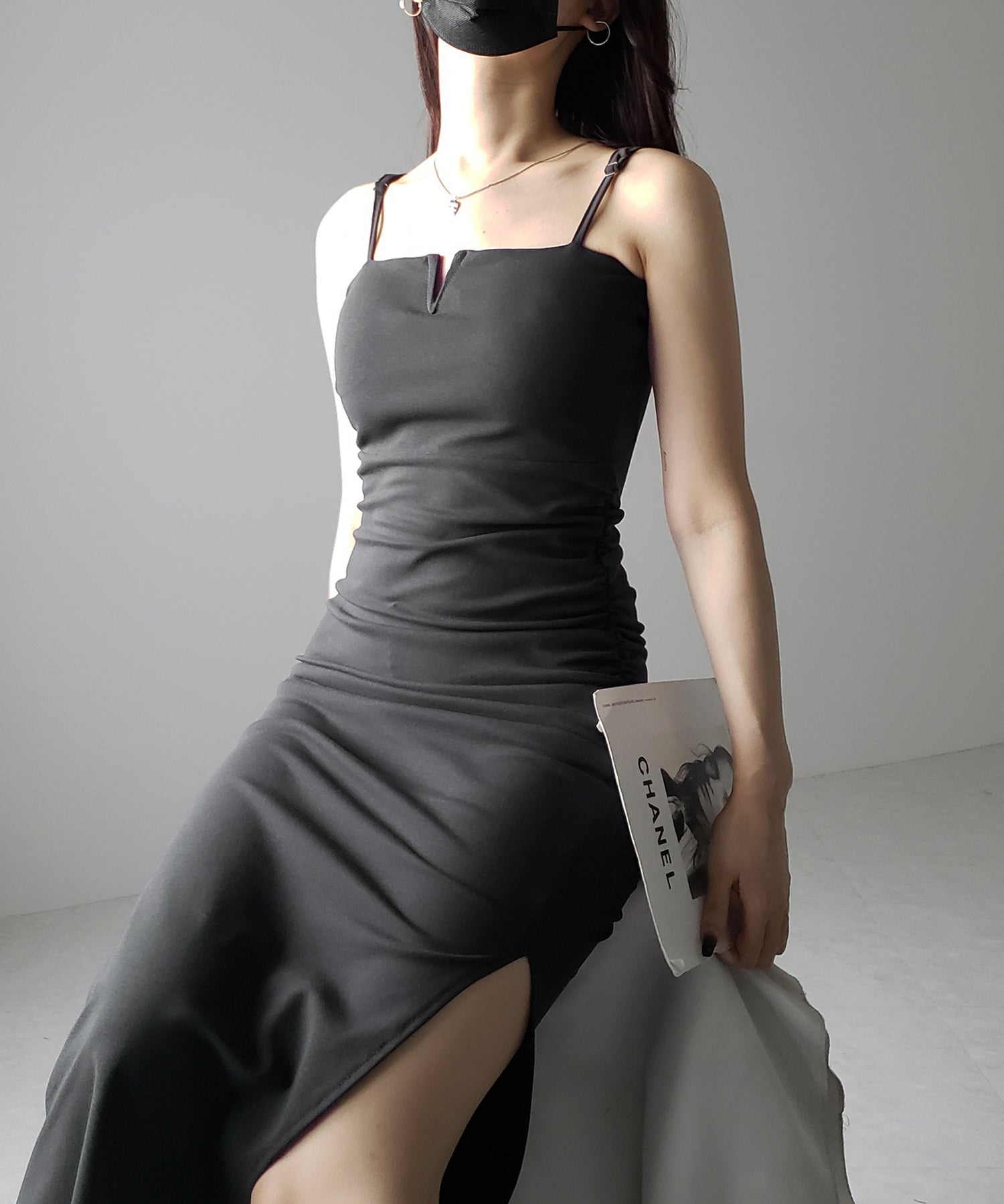 【 パッド付き 】バックストラップサイドシャーリングスリットロングキャミワンピース / back strap side shirring slit long cami onepiece