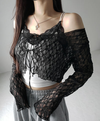 ダブルストラップリボンショートレースカーディガン /double strap ribbon short lace cardigan