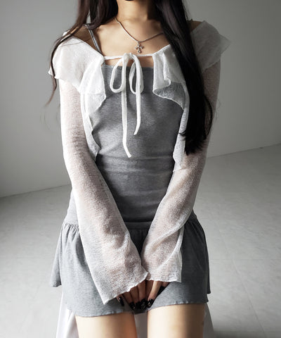 【 2点セット 】フレアキャミワンピ &シアーフリルリボンカーディガン ワンホンセットアップ / flare camisole onepiece & sheer frill ribbon cardigan wanghong SETUP