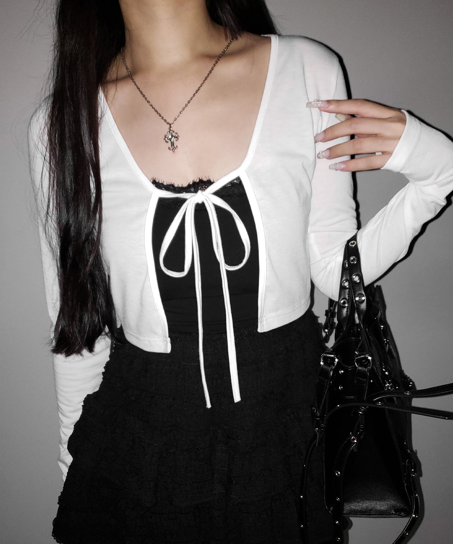 【 2color 】フロントリボンカットソーショートカーディガン / front ribbon cutsew short cardigan