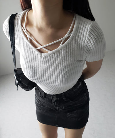 半袖クロスラインストラップデザインリブニット