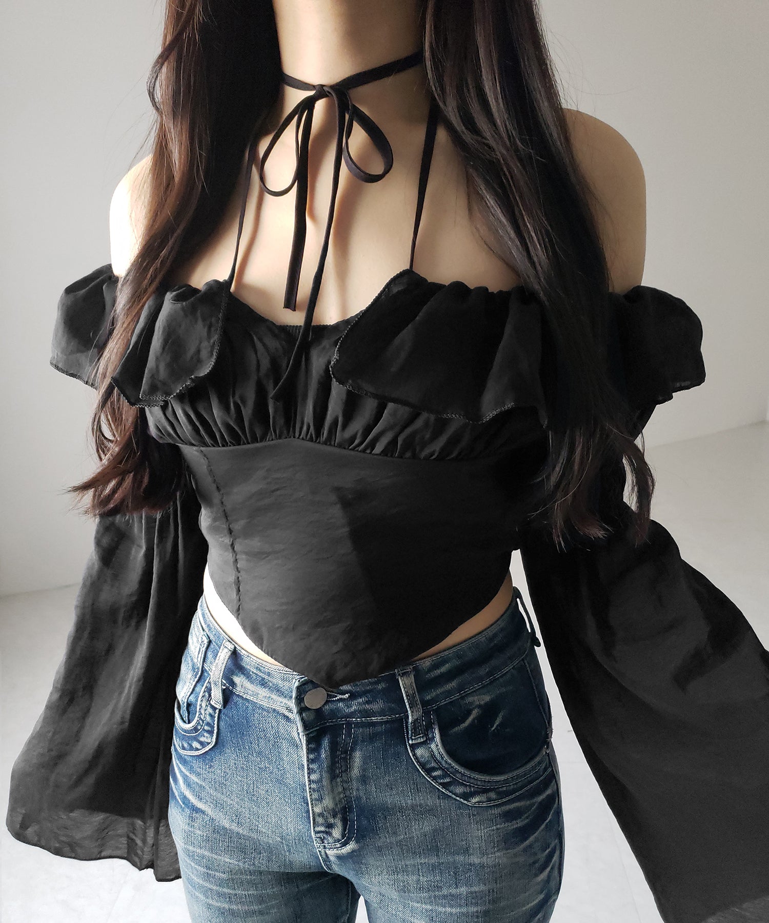 【3WAY 】チョーカーリボンフレアスリーブオフショルブラウス / choker ribbon flare sleeve off-shoulder blouse