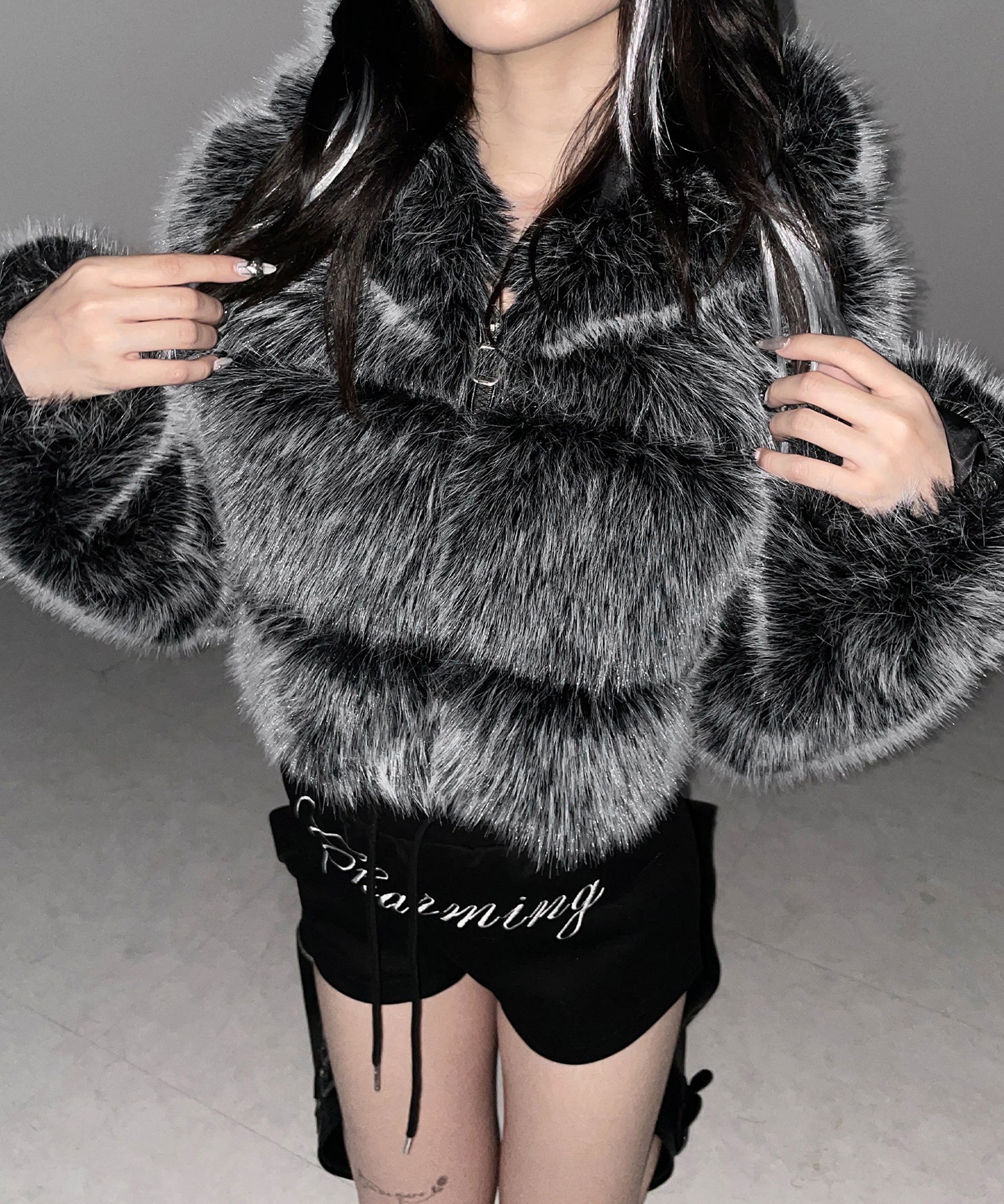 フェイクファーフーディショートコート / fake fur hoodie short coat