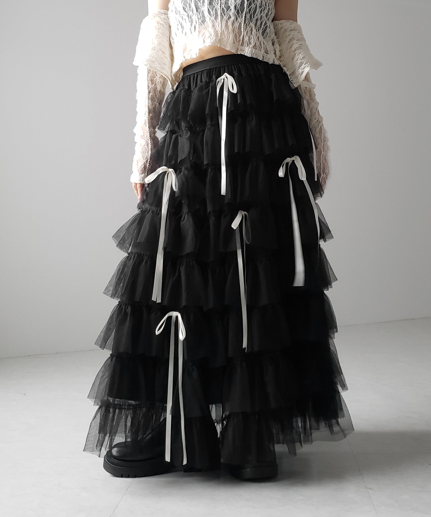 【 新色ピンク追加!/5color 】ストラップリボンバレエコアチュールスカート /strap ribbon ballet core tulle skirt