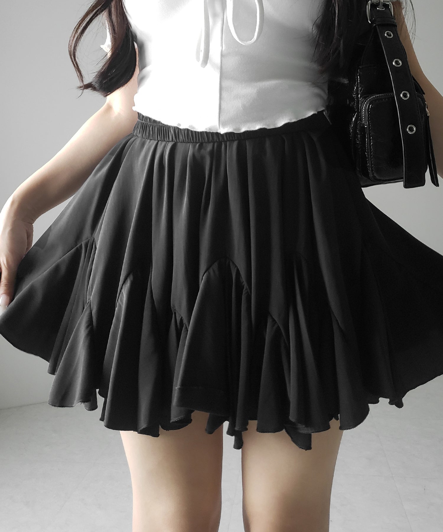 【 インパン裏地付き 】ハイウエストドレープフレアミニスカート / high waist draped flare mini skirt