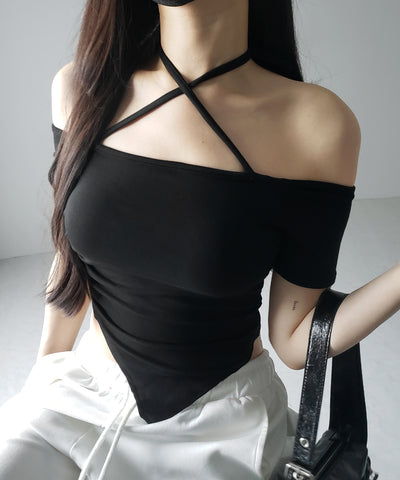 クロスネックアシメギャザーオフショルTシャツ / cross neck asymmetry gather off shoulder T-shirt