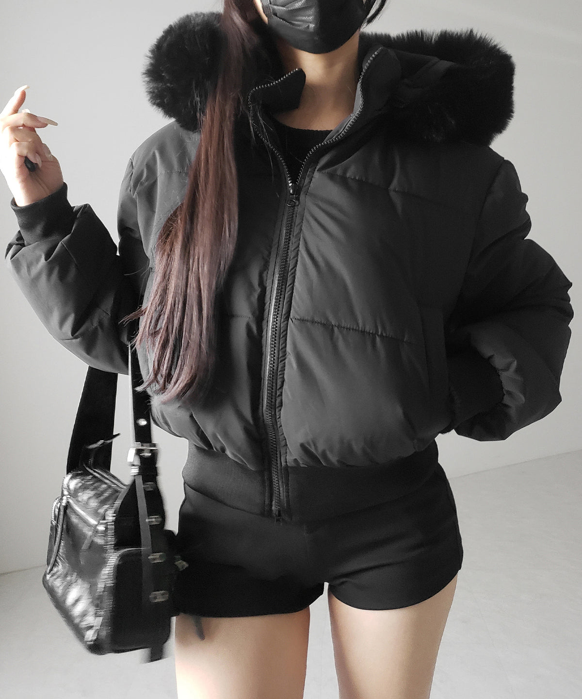 【 フード取り外し可能2WAY 】フェイクファーフードショート中綿ジャケット / 2WAY fake fur hoodie short fake down jacket