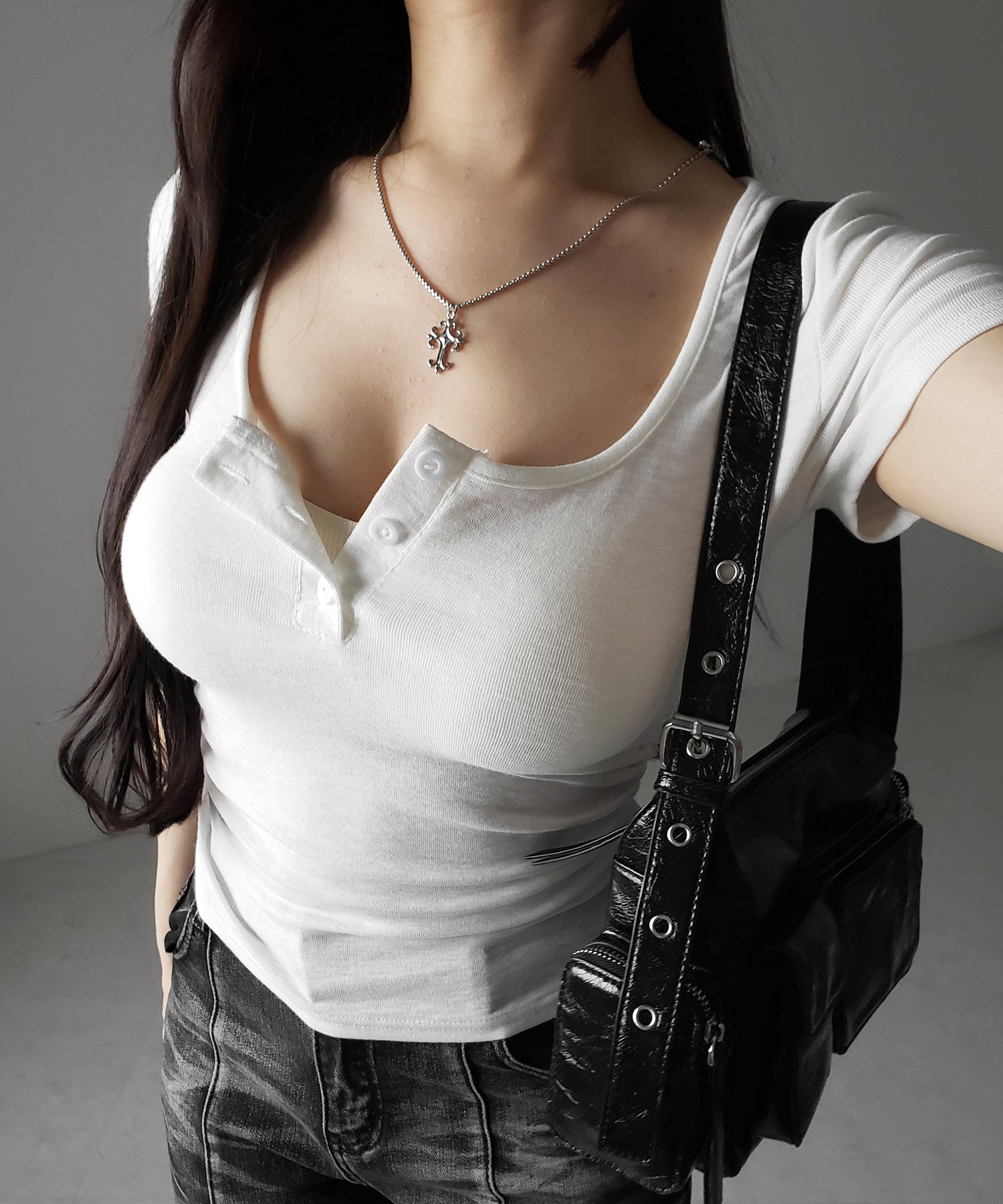 ヘンリーネックスクエアギャザー半袖Tシャツ /henley neck square gather short sleeve T-Shirt