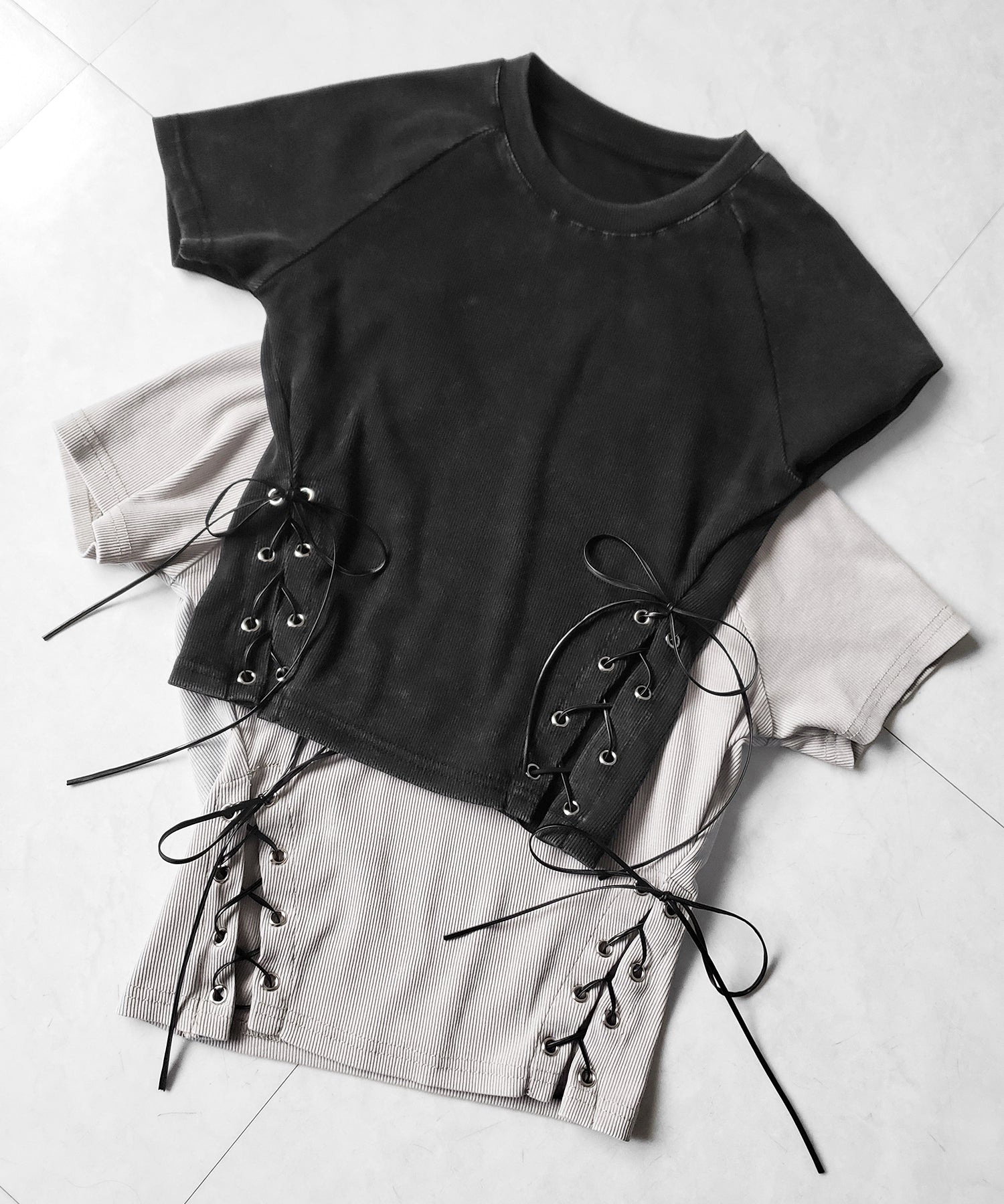 ヴィンテージサイドレースアップカットアウト半袖ショートTシャツ / vintage side lace up cutout short short sleeve T-shirts