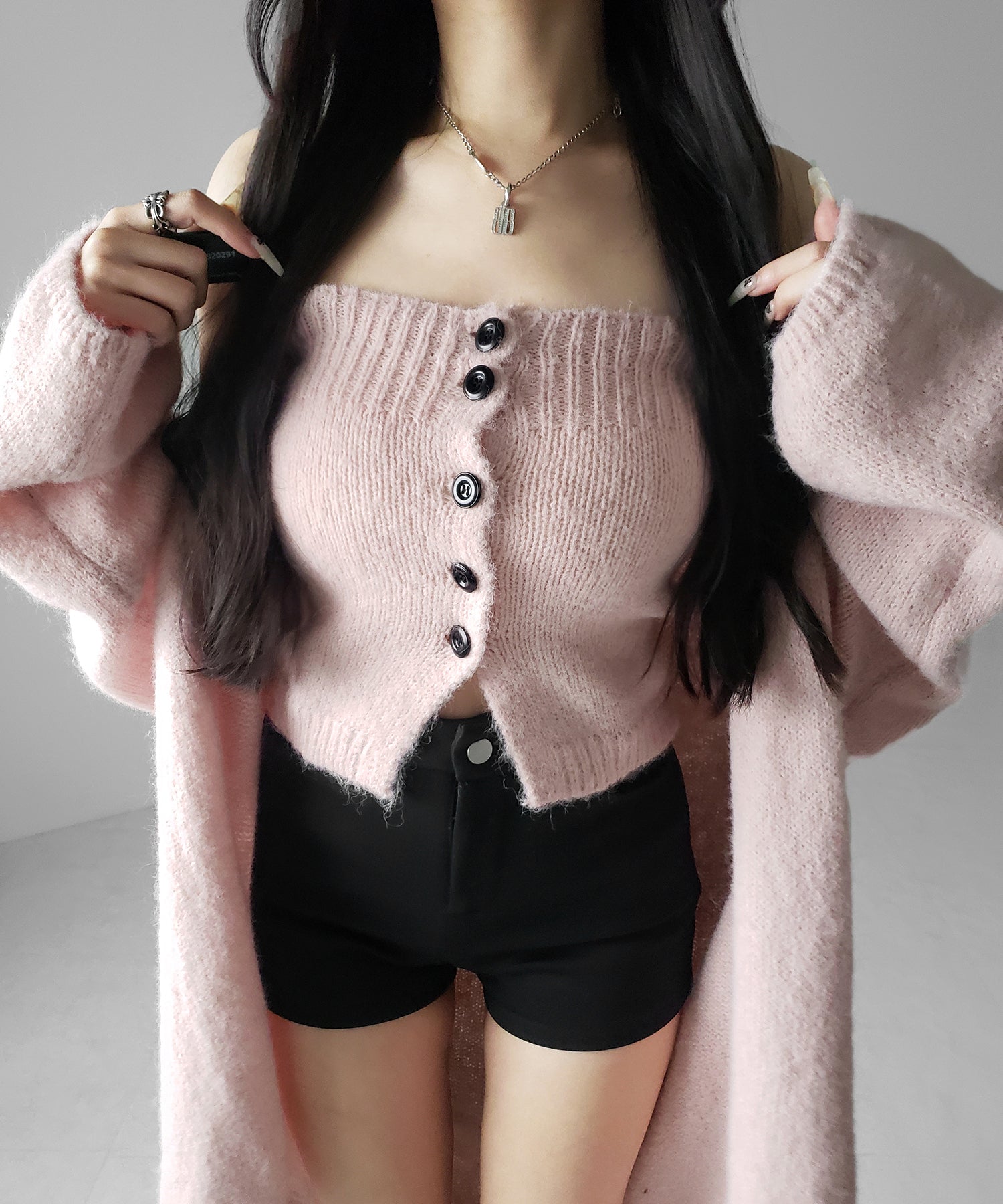 【 新色追加 /2点セット 】ニットボタンビスチェ +ロングカーディガンセット / knit button bustier + long cardigan set