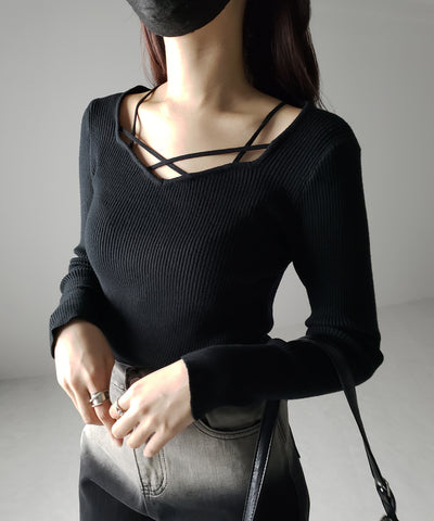 クロスラインストラップデザインリブニット