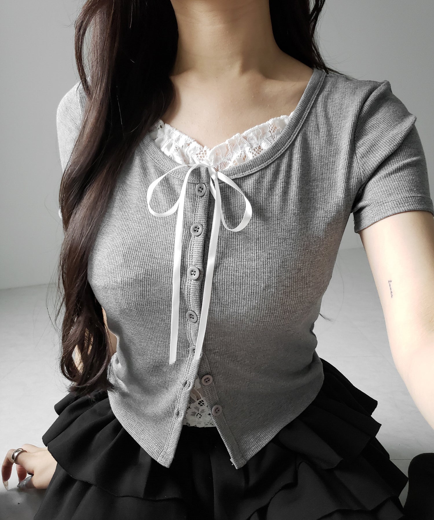 フロントリボンレースレイヤード半袖リブトップス /front ribbon lace layered short sleeve rib tops