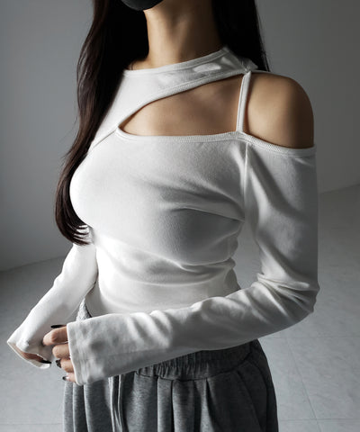 ショルダーカットアウトストラップリブトップス / shoulder cutout strap lib tops