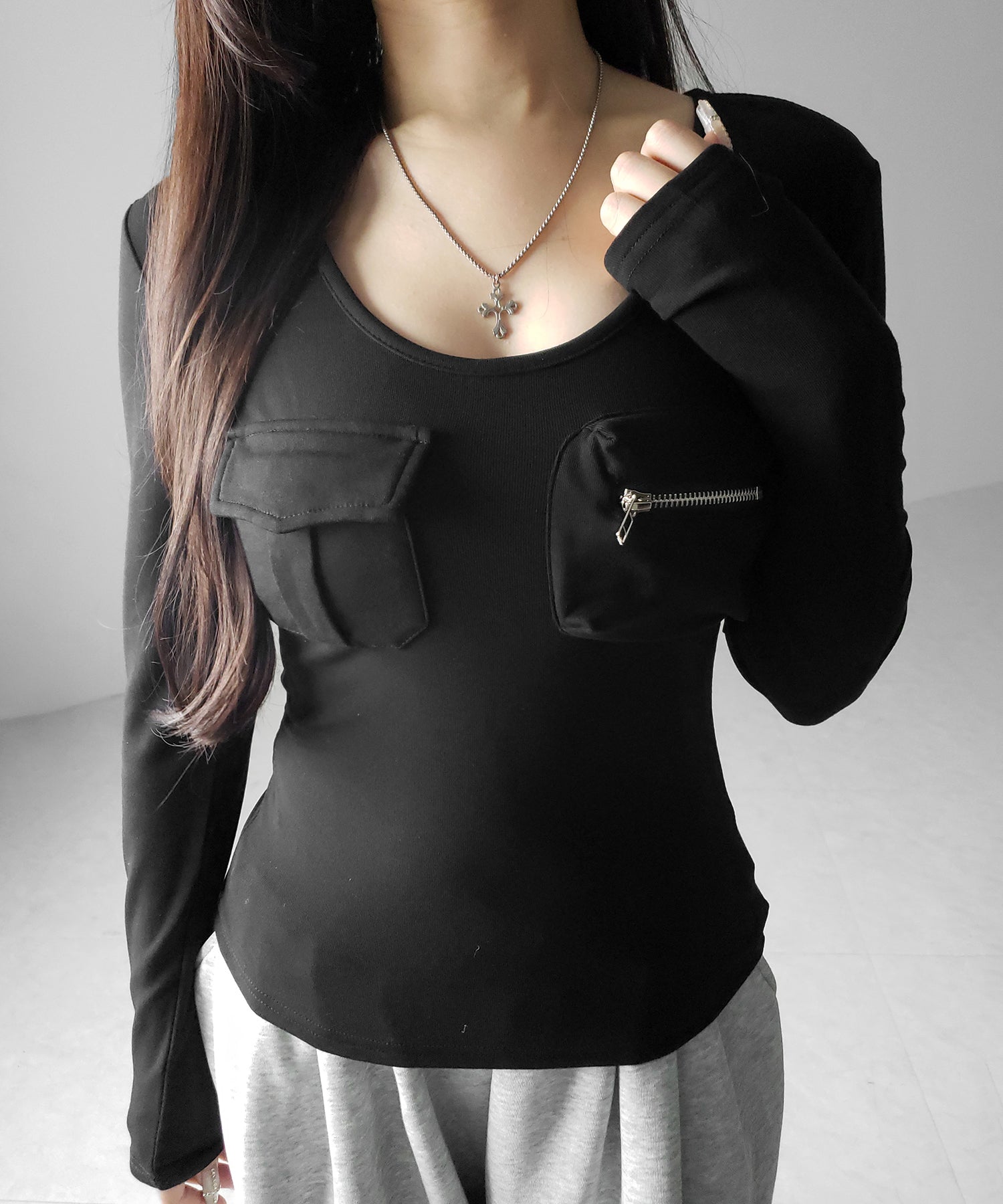 【 裏起毛 】アウトポケットオープンネックスリムトップス / out pocket open neck slim tops