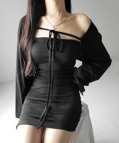 【 2点セット 】シャーリングタイトミニワンピ &フロントリボンショートカーディガン ワンホンセットアップ / shirring tight mini onepiece & front ribbon short cardigan wanghong setup