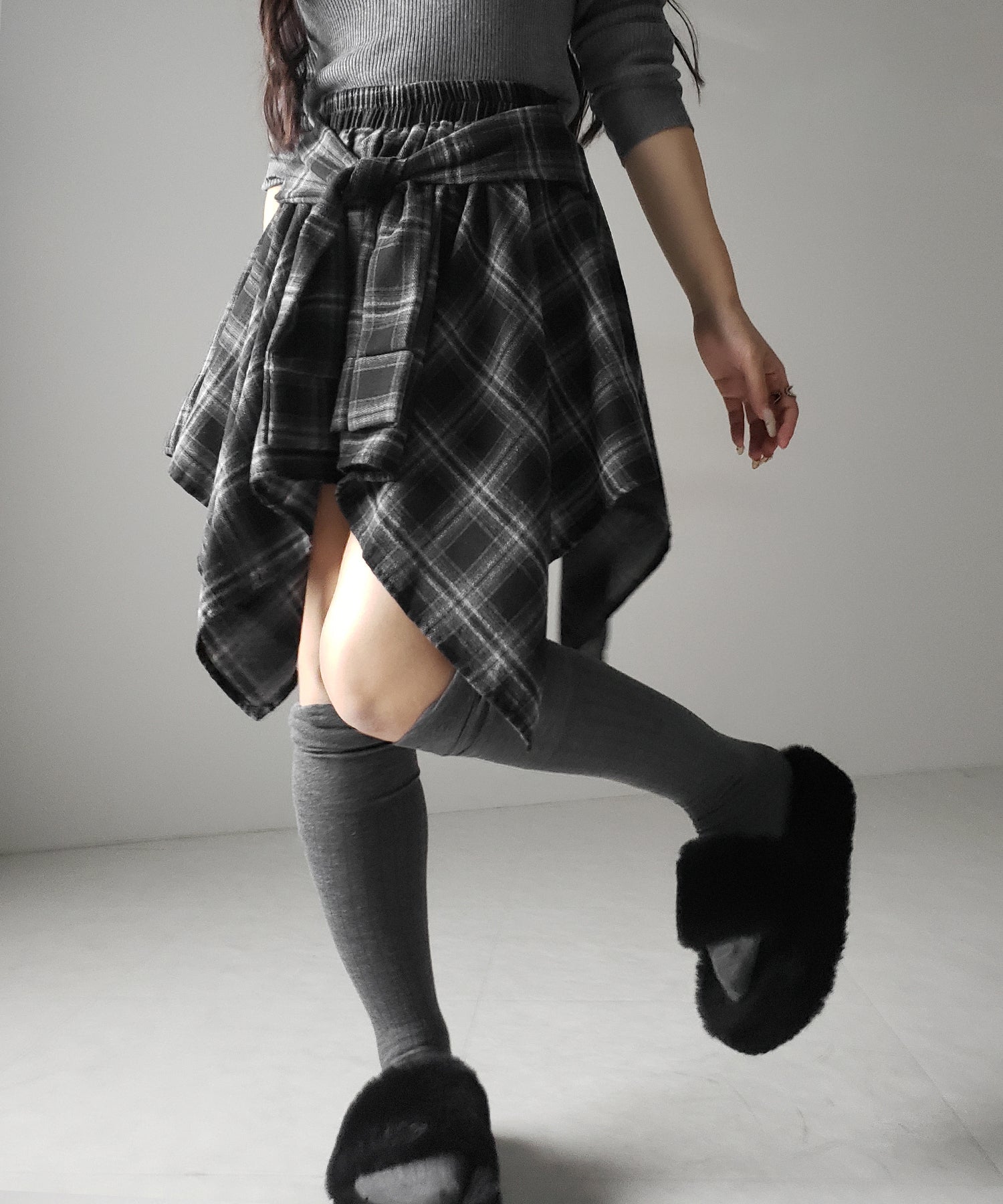 【 選べる2素材/インナーパンツ裏地付 】シャツレイヤードチェックミニスカート / shirt layered check mini skirt