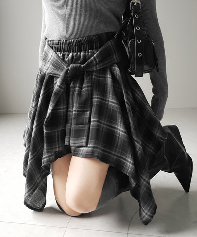 【 選べる2素材/インナーパンツ裏地付 】シャツレイヤードチェックミニスカート / shirt layered check mini skirt