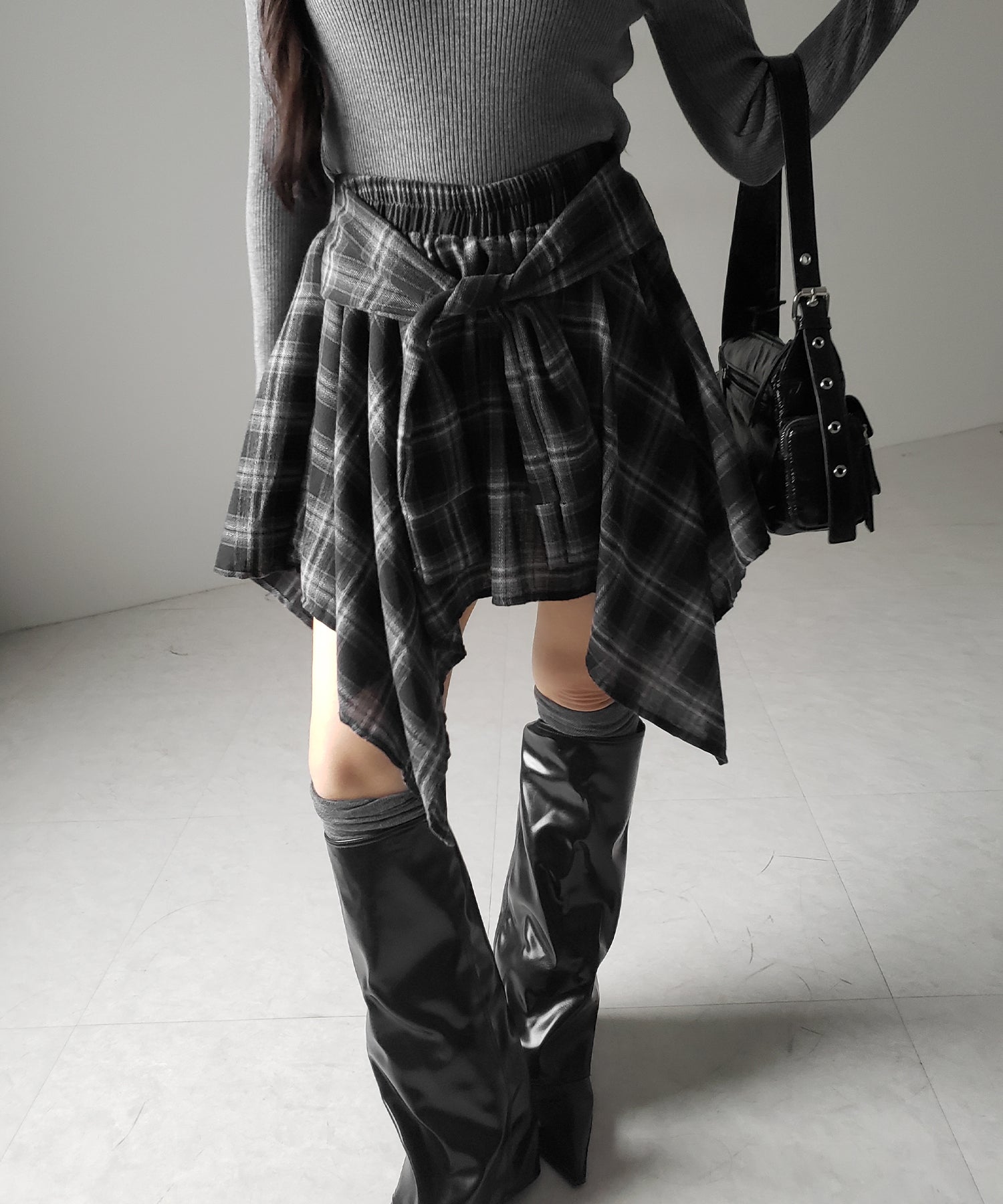 【 選べる2素材/インナーパンツ裏地付 】シャツレイヤードチェックミニスカート / shirt layered check mini skirt