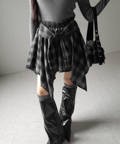【 選べる2素材/インナーパンツ裏地付 】シャツレイヤードチェックミニスカート / shirt layered check mini skirt
