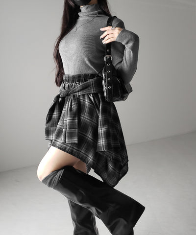 【 選べる2素材/インナーパンツ裏地付 】シャツレイヤードチェックミニスカート / shirt layered check mini skirt