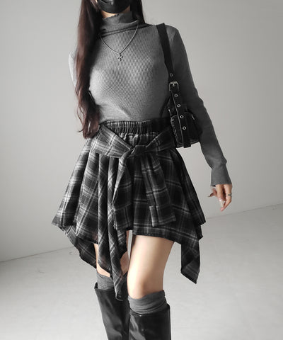 【 選べる2素材/インナーパンツ裏地付 】シャツレイヤードチェックミニスカート / shirt layered check mini skirt