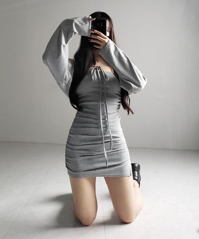 【 2点セット 】シャーリングタイトミニワンピ &フロントリボンショートカーディガン ワンホンセットアップ / shirring tight mini onepiece & front ribbon short cardigan wanghong setup