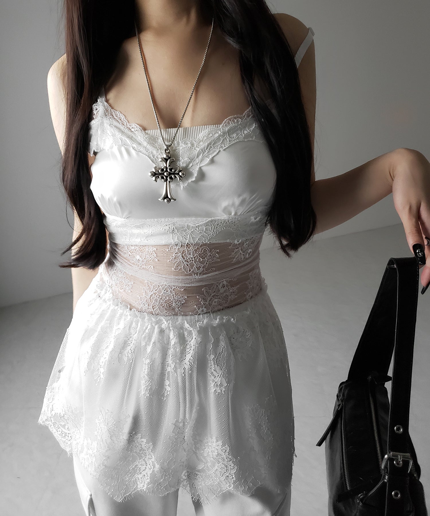 サテンレースドッキングランジェリーチュニックキャミソール / satin lace docking lingerie tunic camisole