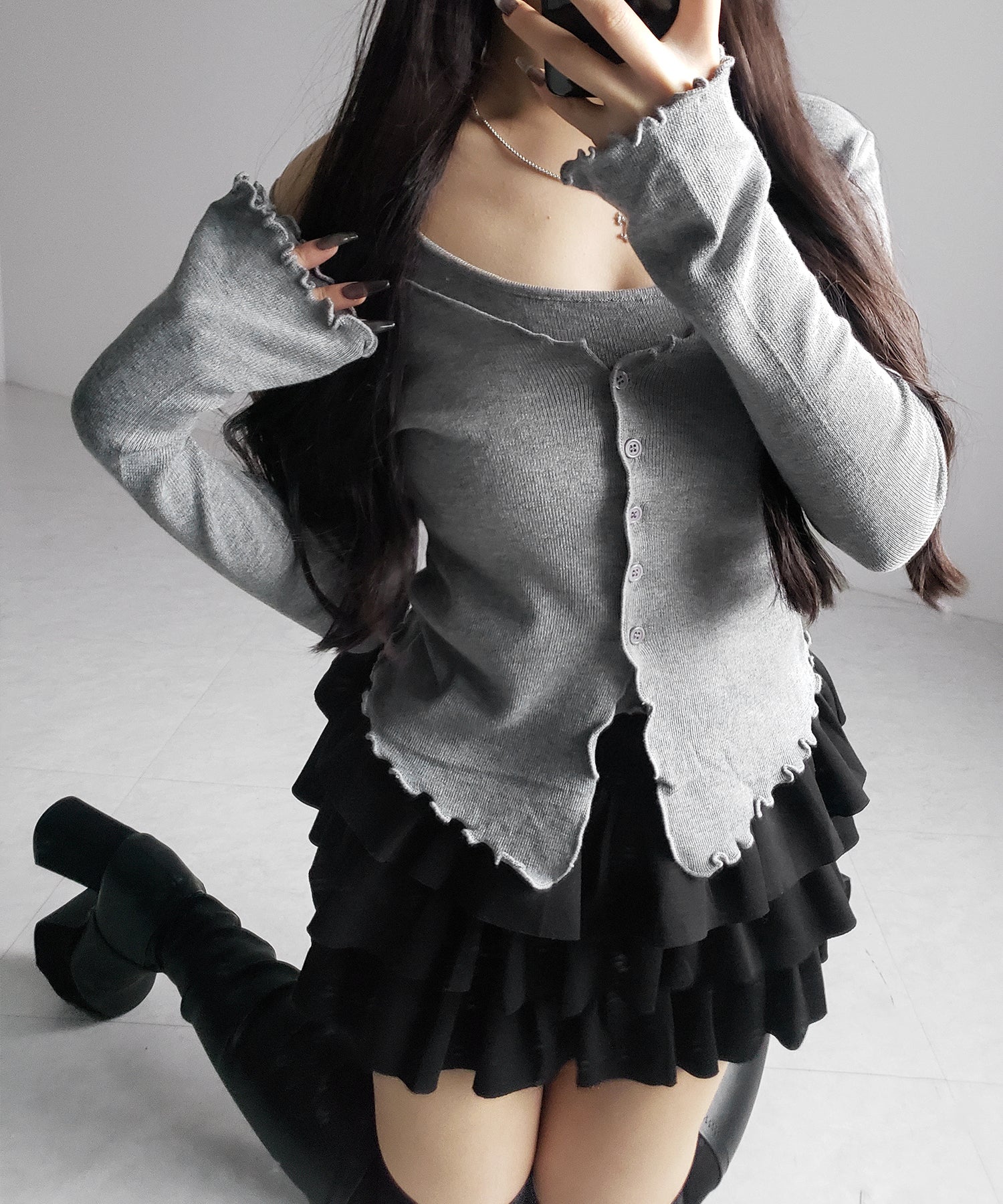 レイヤード風メロースリムニットカーディガン / layered mellow slim knit cardigan
