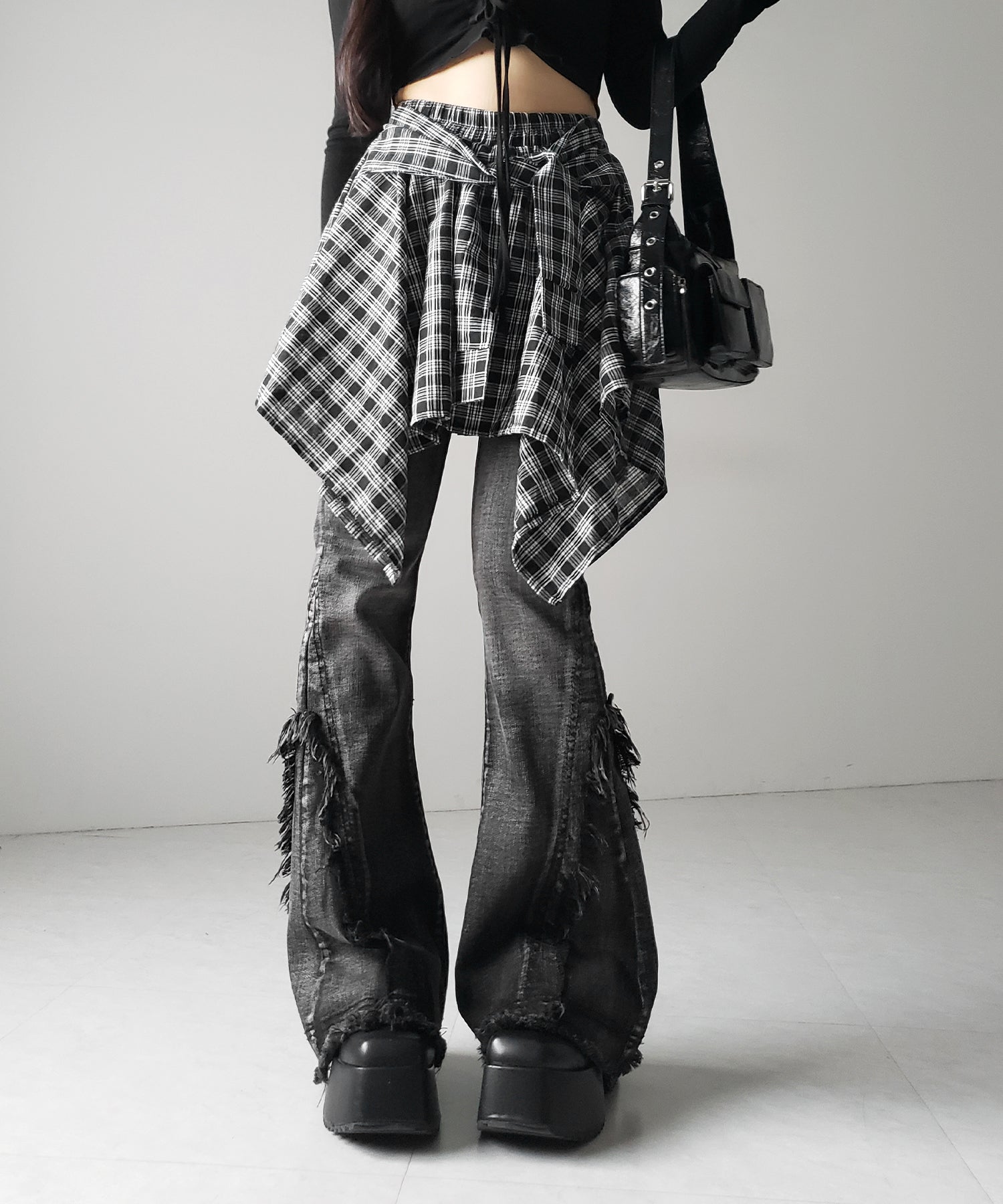 【 選べる2素材/インナーパンツ裏地付 】シャツレイヤードチェックミニスカート / shirt layered check mini skirt